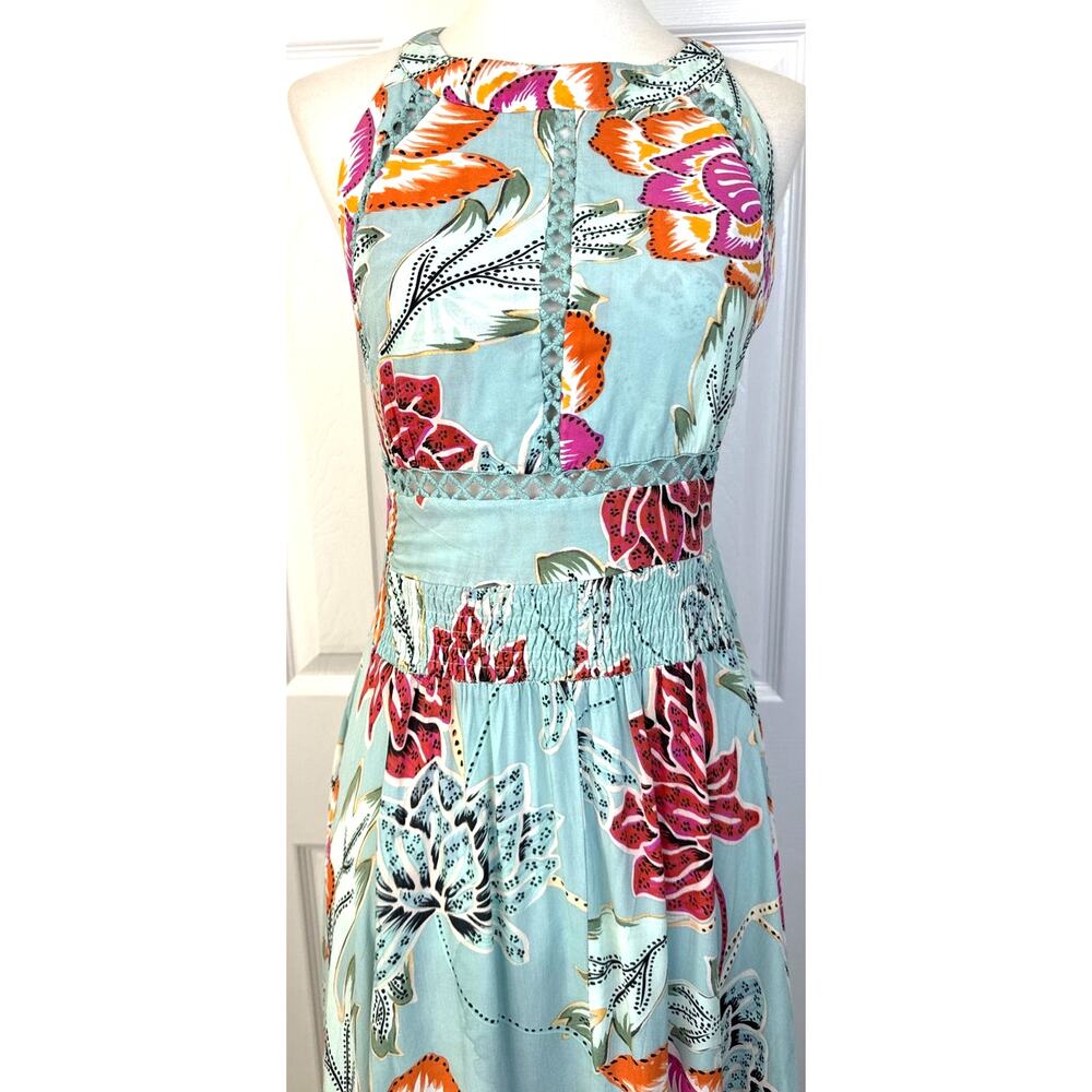 Jaase Blue Floral Halter Maxi Dress M Open Back Boho Wedding Guest Rayon - Picture 3 of 8